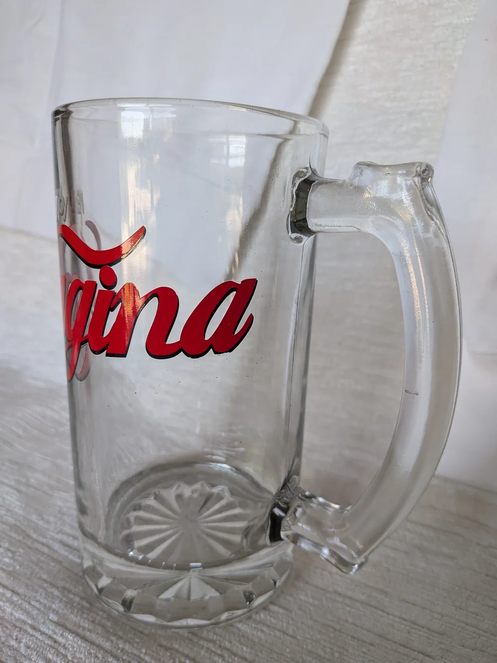 Clear Glass Beer Mug with Red Script Writing Gag Gift Theme Heavy Item 28 Oz